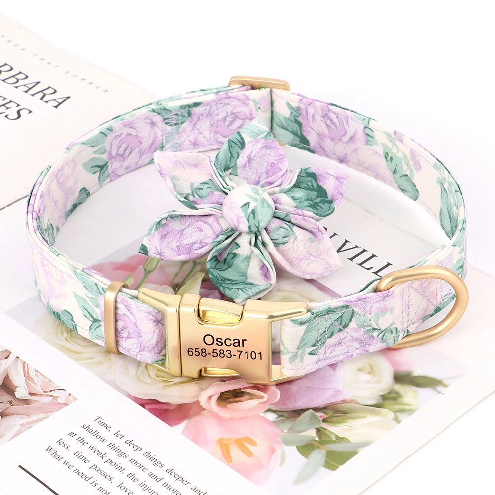 🌸 Personalized Floral Nylon Dog Collar with Free Engraving – Adjustable for Small, Medium, Large Dogs