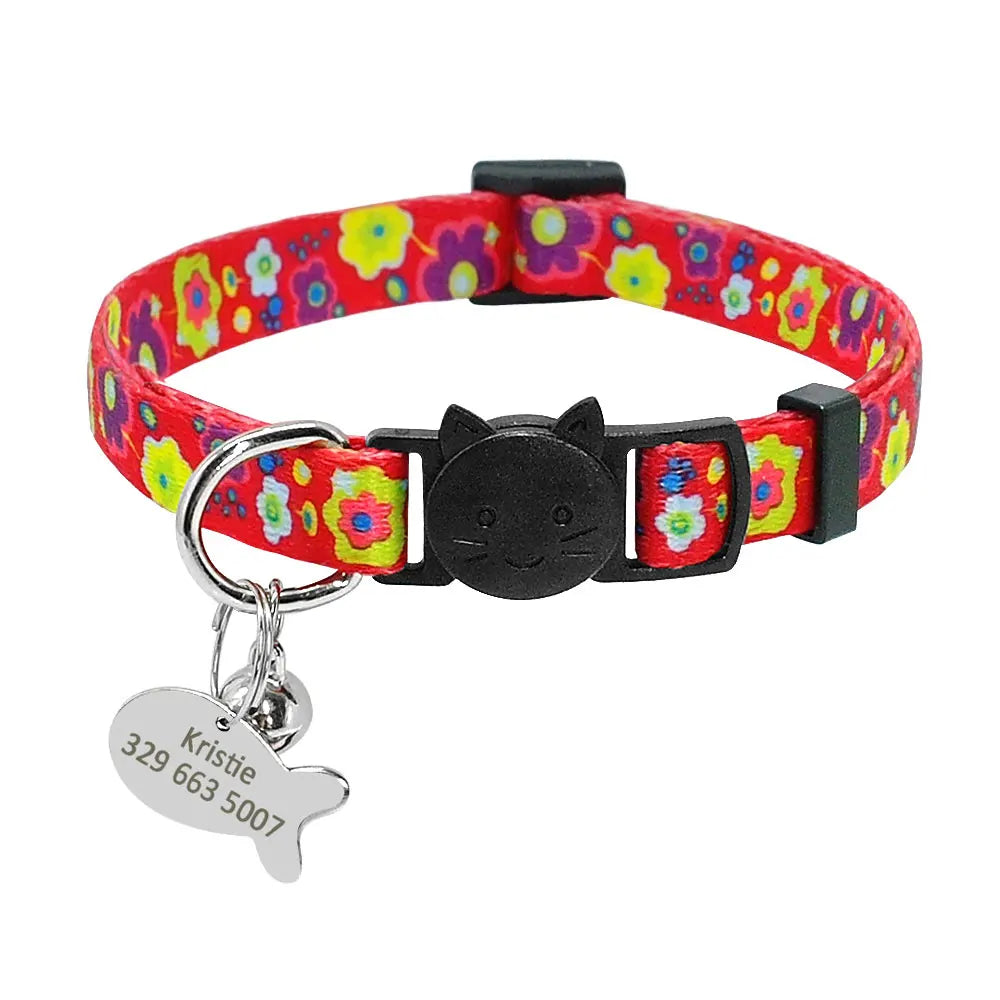 Personalized Cat Collar with Engraved Fish Tag – Adjustable Nylon Collar for Cats & Small Dogs